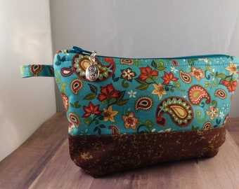 Teal Blue Brown Paisley Print Be Yourself Zipper Pull Ready to Ship Makeup Cosmetic Organizer Bag