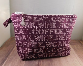 Purple Wine Work Coffee Repeat Print Zipper Pull Ready to Ship Makeup Cosmetic Organizer Bag