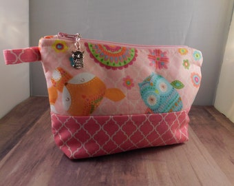 Pink Paisley Owl Zipper Pull Ready to Ship Makeup Cosmetic Organizer Bag