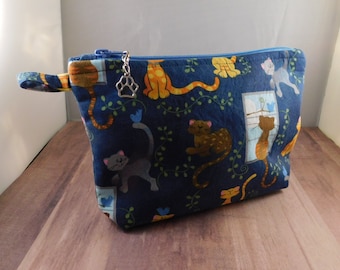 Blue Cat Print Paw Print Zipper Pull Ready to Ship Makeup Cosmetic Organizer Bag