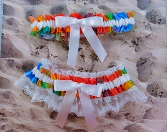 Wedding Garters Set of two Rainbow ribbon White Lace Satin