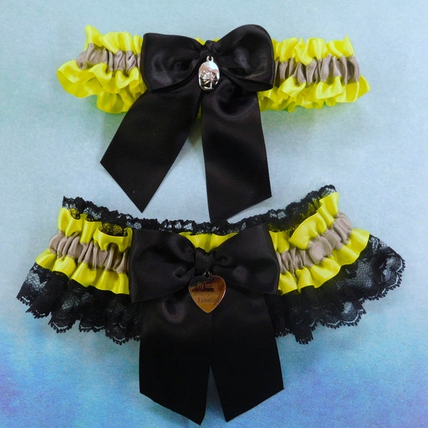 Firefighter Yellow Gray Satin Black Lace Maltese Fire Extinguisher Charm Wedding Bridal Garter Toss Set Ready to Ship Set of Two