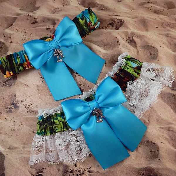 Hawaiian Print Turquoise Ribbon White Lace Palm Tree Bridal Wedding Garter Set Toss