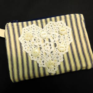 Navy Pillow Ticking Stripe Vintage Lace Coin Purse change purse coin pouch credit card wallet key holder Handmade wallet Padded Coin