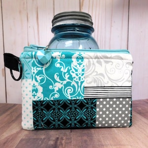 Monedero con estampado gris y negro verde azulado, monedero, monedero, tarjetero, llavero, billetera hecha a mano, monedero acolchado, regalos por menos de 10 dólares