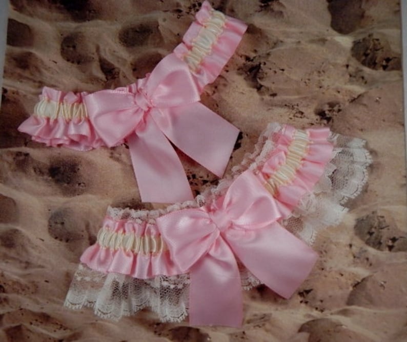 Pink Ribbon Ivory Lace Bridal Wedding Garter Toss Set
