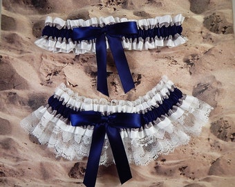 Navy Blue Silver Gray Grey White Ribbon White Lace Bridal Wedding Garter Toss Set