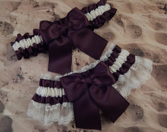 Raisin Burgundy Satin Ivory Lace Bridal Garter Toss Set