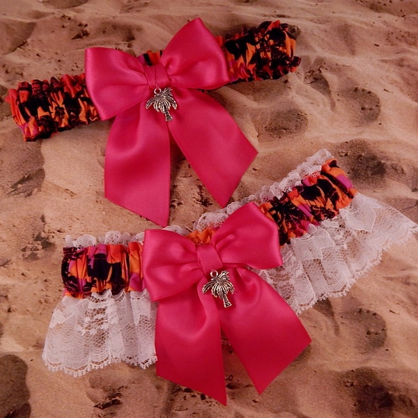 Hawaiian Print Hot Pink Ribbon White Lace Bridal Wedding Garter Set Toss