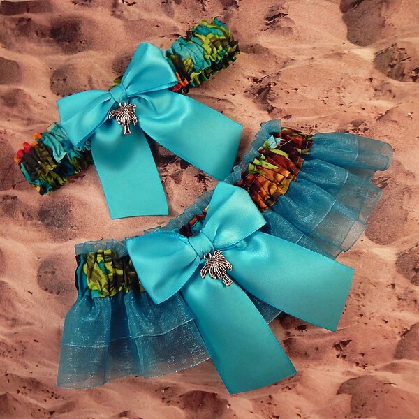 Hawaiian Print  Aqua Ribbon Aqua Organza Palm Tree Bridal Wedding Garter Set Toss