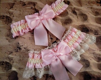 Blush Pink Ribbon Ivory Lace Bridal Wedding Garter Toss Set