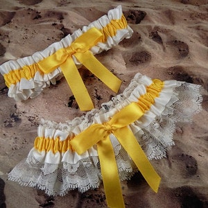 Daffodil Yellow Ribbon Ivory Lace Bridal Wedding Garter Toss Set