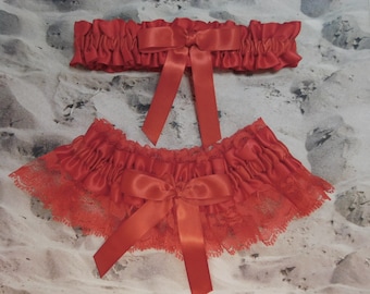 Red Satin Red Lace Wedding Bridal Garter Toss Set Vintage Style Ready to Ship Set of Two