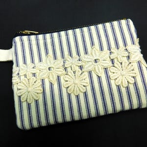 Navy Pillow Ticking Stripe Vintage Lace Coin Purse change purse coin pouch credit card wallet key holder Handmade wallet Padded Coin