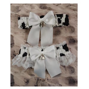 Farm Cow Print White Satin White Lace Cow Bell Charm Wedding Bridal Garter Toss Set