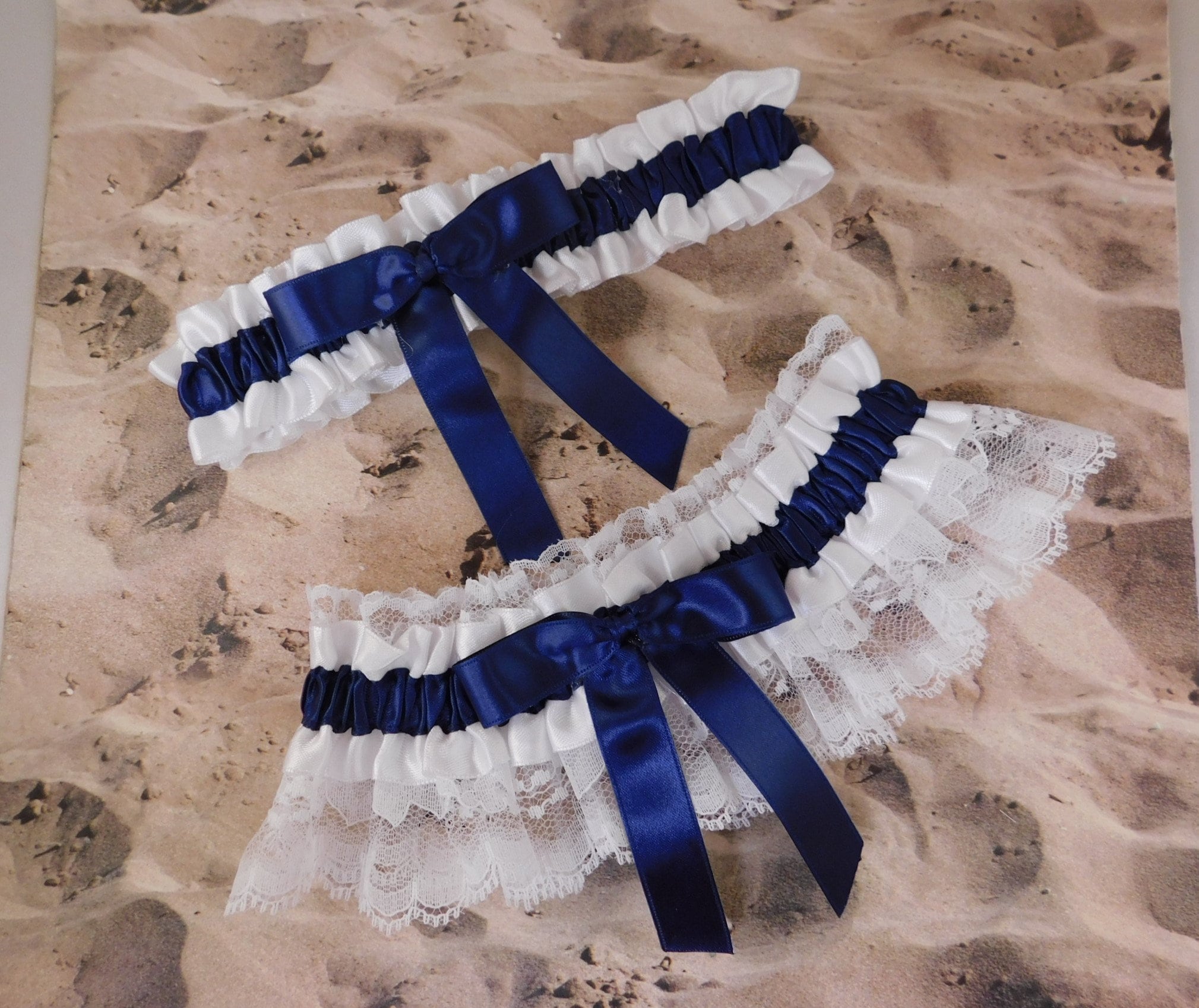 Navy Blue Ribbon White Satin Ribbon White Lace Set of two | Etsy