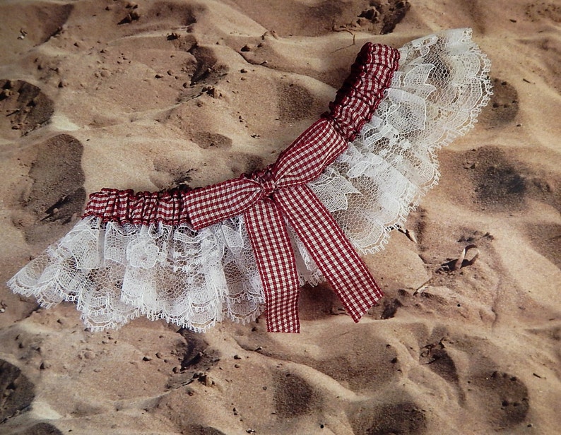 Burgundy Maroon Wine Checked Gingham Print White Lace Wedding Bridal Garter