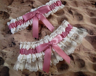 Mauve Pink Ribbon Ivory Lace Bridal Wedding Garter Toss Set