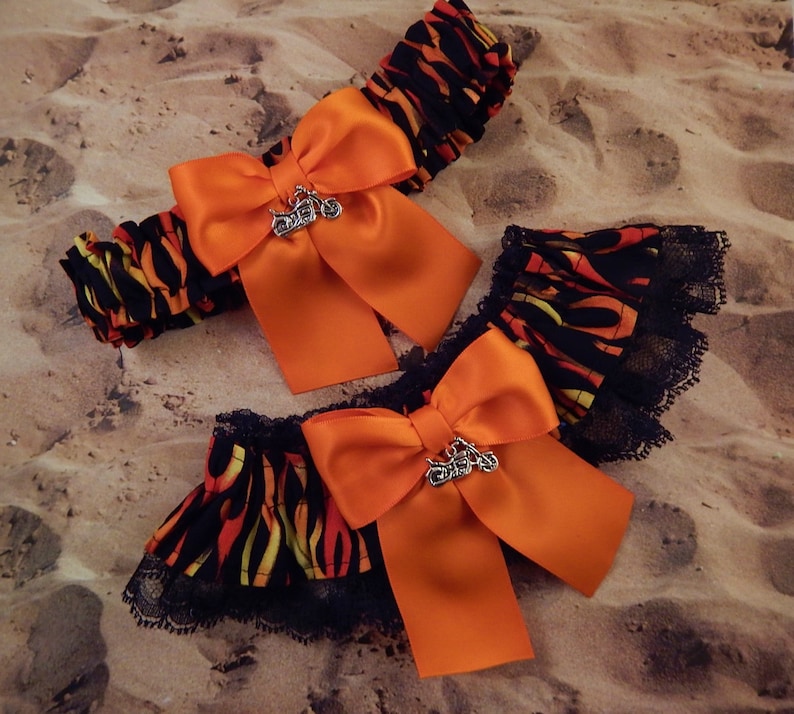 Motorcycle Flames Orange Satin Double layers Black Lace Wedding Garter Toss Set