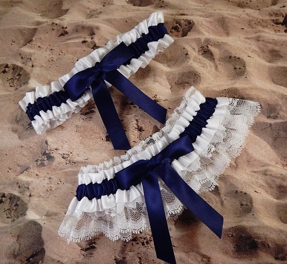 Navy Blue Ribbon White Lace Bridal Wedding Garter Toss Set Etsy