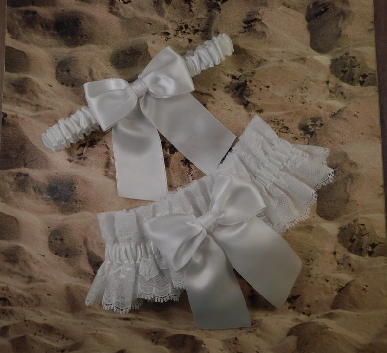 White Satin White Lace All white Tulle Underlay Wedding Bridal Garter Toss Set Ready to Ship Shipping Included