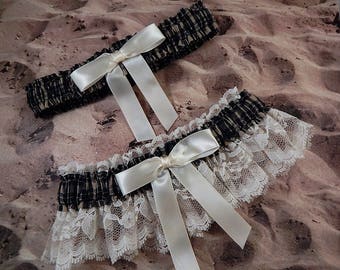 Navy Blue Plaid Ivory bow Ivory Lace Wedding Bridal Garter Toss Set