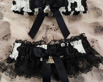 Farm Cow Print Black Satin Black Lace Cow Bell Charms Wedding Bridal Garter Toss Set