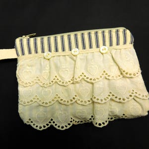 Navy Pillow Ticking Stripe Vintage Lace Coin Purse change purse coin pouch credit card wallet key holder Handmade wallet Padded Coin