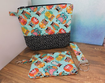 Makeup Bag Cosmetic Travel Bag Organizer Bag Owl Print Aqua Black Coin Purse Key Fob Cute