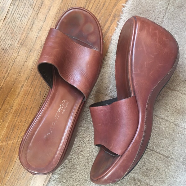 Vintage VIA SPIGA Chunky Wedge Heel Sandals~Brown Leather Size 8.5