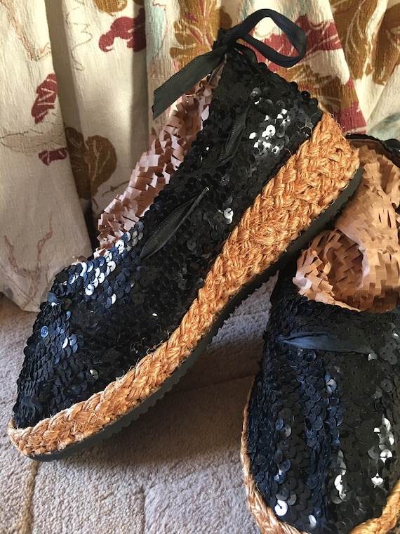 Vintage Ladies Black Sequined Espadrilles Wedge Heel With Etsy UK