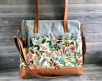 Rifle paper floral seafoam crossbody bag /vegan leather trim waxed canvas tote/ multiple pockets