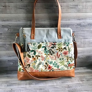 Rifle paper floral seafoam crossbody bag /vegan leather trim waxed canvas tote/ multiple pockets