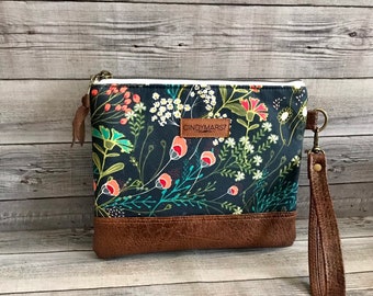 Navy floral print clutch, pouch, wristlet with vegan leather trim, wrist strap purse, small purse
