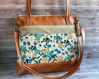 Rifle paper canvas Handbag crossbody purse /vegan leather & waxed canvas tote/ multiple pockets