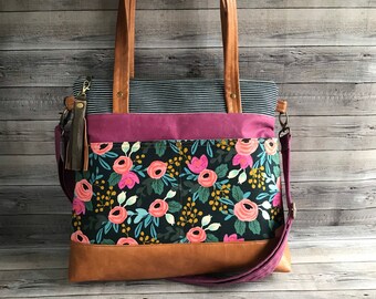 Canvas Rifle paper floral raspberry crossbody bag/ laptop bag /vegan leather trim waxed canvas tote/ multiple pockets