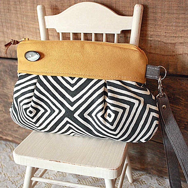 Grey Mustard Wristlet Pouch Clutch canvas and faux suede  --READY TO SHIP--