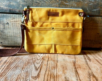 Sunflower yellow waxed canvas multi pocket crossbody purse/ Small crossbody handbag/ zipper pouch/detachable shoulder strap- READY TO SHIP