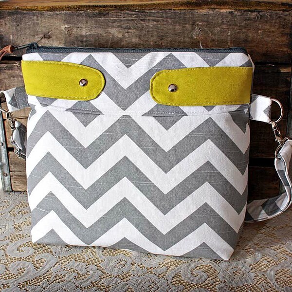 Grey Chevron Purse/ handbag messenger/ Nautical stripe in Grey/ Chartreuse - READY TO SHIP-