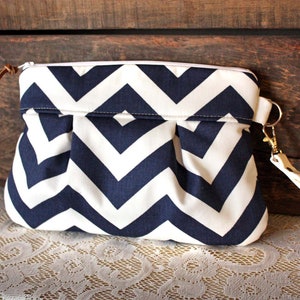 Pleated Chevron Wristlet/ Pouch/ Clutch// Nautical stripe / Navy/White color image 1