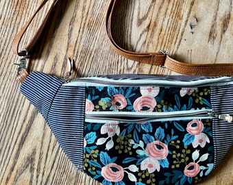 Railroad stripe & Rifle paper floral canvas large crossbody sling bag fanny pack /canvas fanny pack /pockets READY TO SHIP