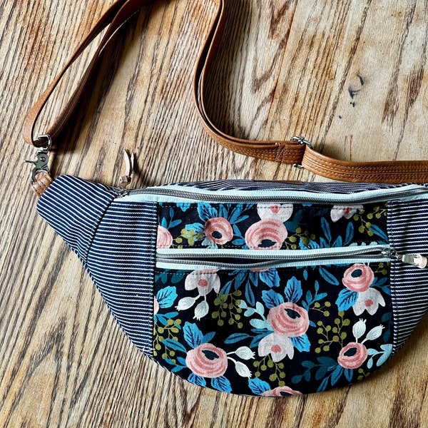 Railroad stripe & Rifle paper floral canvas large crossbody sling bag fanny pack /canvas fanny pack /pockets READY TO SHIP