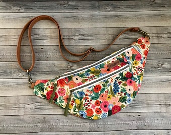 Rifle paper floral canvas large crossbody sling bag fanny pack /canvas fanny pack /pockets READY TO SHIP