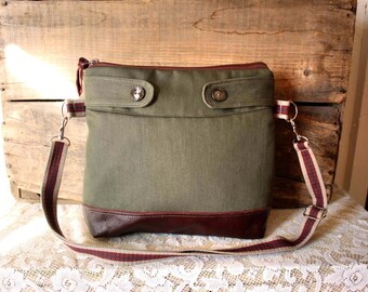 Crossbody Canvas Purse // messenger/ crossover handbag/ leather trim/ Moss Color - MADE TO ORDER--