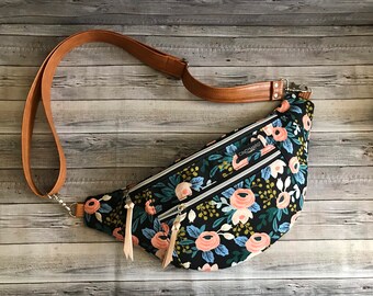 Rifle paper floral canvas large crossbody sling bag fanny pack /canvas fanny pack /pockets READY TO SHIP