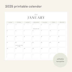 2025 Printable Calendar, Calendar with Holidays, Editable Monthly Calendar, Calendar Template, Minimal Calendar