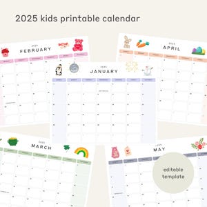 2025 Printable Calendar, Cute Kids Calendar, Editable Monthly Calendar, Homeschool Planner, Calendar Template, Blank Calendar for Kids