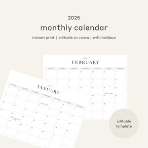 2025 Printable Calendar, Calendar with Holidays, Editable Monthly Calendar, Calendar Template, Minimal Calendar