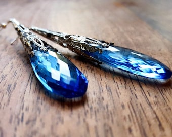 Blue Crystal Earrings, Crystal Drops in Silver, Gift for Her