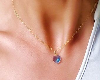 Dainty Crystal Heart Necklace, Blue Quartz Heart Pendant, Delicate Heart Charm Choker, Valentine Love Gift For Her